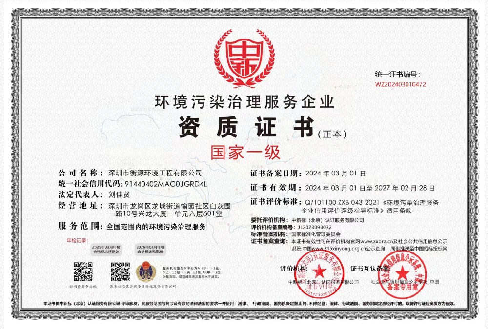 環（huán）境汙染治理服務企業資質證書（shū）